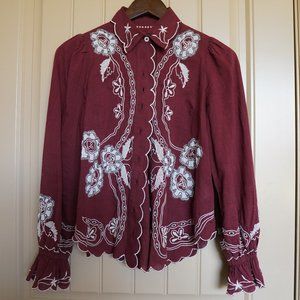 Anthropologie brown western embroidered button-down shirt tunic Size XXS